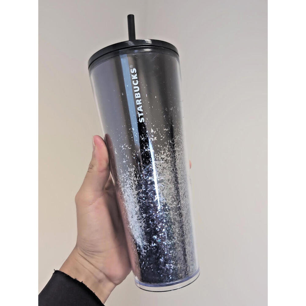 (NEW) Starbucks 24oz Black Mirror Silver Sparkle Tumbler w/ Straw - Tall Cup